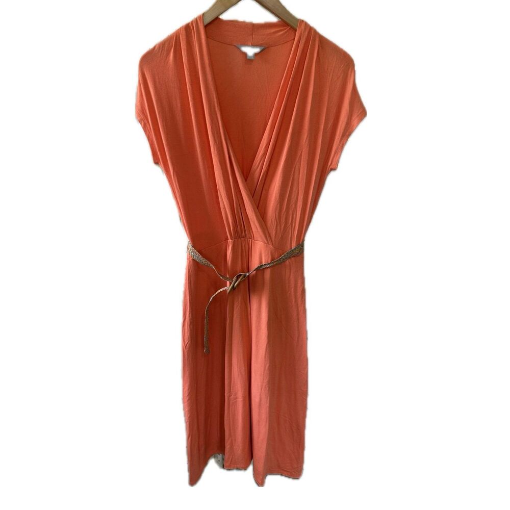 Pure Collection Surplice V-Neck Woven Wooden Ring Belt Tangerine Midi Dress 6